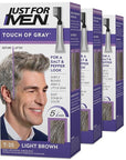 Just For Men Touch of Gray, Mens Hair Color Kit with Comb Applicator for Easy Application, Great for a Salt and Pepper Look - Light Brown, T-25, Pack of 3