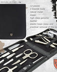 3 Swords Germany - brand quality 12 piece manicure pedicure grooming kit set for professional finger & toe nail care with black genuine leather case - Made in Germany