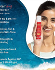 Detan+ Dewy Face Sunscreen with SPF 50+ & PA++++ | Broad Spectrum Protection & No White Cast | Fights Sun Damage with Cherry Tomato & Hyaluronic Acid | 1.76 Oz/50g
