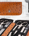 3 Swords Germany - brand quality 8 piece manicure pedicure grooming kit set synthetic leather case ostrich cognac - Made in Germany