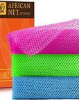 UJFQBH 3 Pieces African Bath Sponge African Net Long Net Bath Sponge Exfoliating Shower Body Scrubber Back Scrubber Skin Smoother,Great for Daily Use (Rose Red, Blue, Green)