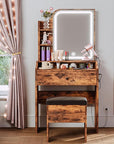 LIKIMIO Small Makeup Vanity Desk with Mirror and Lights, Vanity Table Set with Storage Drawer, Chair and Three Shelves, Bedroom, Vintage Brown