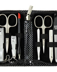 3 Swords Germany – brand quality 8 piece manicure pedicure grooming kit set for professional nail care with synthetic leather case black silver spots - Made in Germany