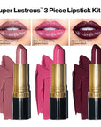Revlon Super Lustrous 3-Piece Lipstick Gift Set, High Impact, Moisturizing, Cream Finish, 764 On The Mauve, 778 Pink Promise, 477 Black Cherry, 0.45 Oz