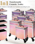 5 in 1 Rolling Makeup Train Case on Wheels Large Cosmetic Organizer Travel Cart for Women Beauty Salon Barber Hairstylist Pink