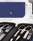 3 Swords Germany - brand quality 8 piece manicure pedicure grooming kit set textil case jeans blue - Made in Germany