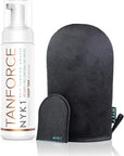 NYK1 Tan Force Sunless Self Tanning Mousse with MegaMitt Tanning Mitt - Salon Quality Streak Free Self Bake Tan Foam Tanning Oil Self Tanner - Natural Look Dry Golden Bronzer Cream - 250ml