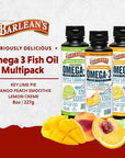Barlean's Omega 3 Fish Oil Liquid Supplement Pack of 3, EPA and DHA Fatty Acid, Smoothie Flavored for Brain, Joint, and Heart Health, Includes Key Lime Pie, Lemon Crème and Mango Peach Flavors, 8 oz