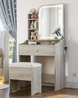 LIKIMIO Small Makeup Vanity Desk with Mirror and Lights, Vanity Table Set with Storage Drawer, Chair and Three Shelves, Bedroom, White Walnuts