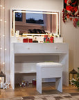 Haewon Makeup Vanity Desk with Mirror, Lights and Charging Station, White Vanity with 3 Lighting Modes, Dressing Table Set with 4 Drawers and Storage Chair for Bedroom