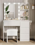 Vanity Desk with Mirror and 12 LED Lights, Makeup Vanity Table with USB & Power Outlets, 4 Drawers and Hairdryer Holder, Padded Stool with Storage, White