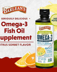 Barlean's Citrus Sorbet High Potency Omega 3 Fish Oil Liquid Supplement, 1500mg of EPA & DHA Fatty Acid, Smoothie Flavored & Burpless for Brain, Joint, & Heart Health, 16 oz