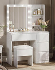 Vanity Desk with Mirror and 12 LED Lights, Makeup Vanity Table with USB & Power Outlets, 4 Drawers and Hairdryer Holder, Padded Stool with Storage, White