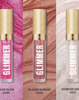 REVLON Super Lustrous Glimmer Gloss Gift Set, 3-Piece, Non-Sticky Lip Makeup, Plant-Based Glitter, High-Shine Finish, 008 Rose Glow, 005 Glazed Almond 001 Diamond Drama