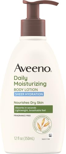 Aveeno Sheer Hydration Daily Moisturizing Fragrance-Free Lotion with Nourishing Prebiotic Oat, Fast-Absorbing Body Moisturizer for Dry Skin with Lightweight, Breathable Feel, 12 fl. oz (Pack of 2)