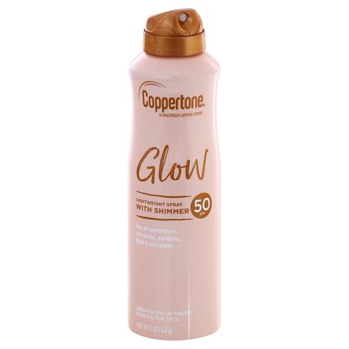 Coppertone Glow with Shimmer Sunscreen Spray SPF 50, Water Resistant Spray Sunscreen, Broad Spectrum SPF 50 Sunscreen Spray, 5 Oz Spray