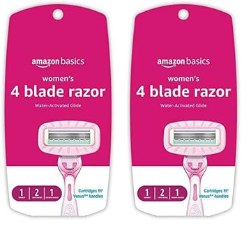 Amazon Basics Women's 4 Blade Razor for Women, Fits AmazonBasics & Venus Handles, Moisturizing Surround, 4 Count, Includes 1 Handle, 2 Cartridges & 1 Shower Hanger, Pink (Pack of 2)