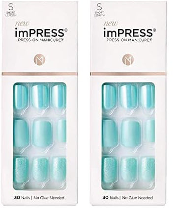 KISS imPRESS Press-On Manicure, Nail Kit, PureFit Technology, Short Press-On Nails, 'Rain Check', Includes Prep Pad, Mini Nail File, Cuticle Stick, and 30 Fake Nails (Pack of 2)