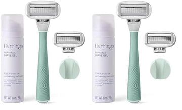 FLAMINGO 5-Blade Razors for Women - 1 Razor Handle + 1oz Foaming Shave Gel + 1 Shower Holder - Sage (Pack of 2)