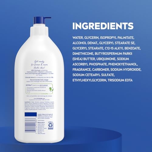 NIVEA Sheer Hydration Skin Firming Body Lotion with Q10 and Vitamin C, 72-Hour Body Moisturizer for Normal to Dry Skin, 33.8 Fl Oz Value Size Pump Bottle