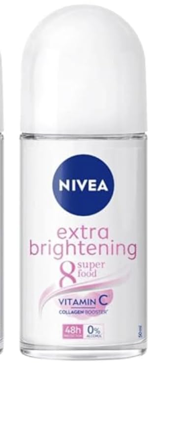 NIVEA Extra Brightening 8 Super Food Vitamin C Collagen Booster Underarm Roll-On Deodorant, Alcohol-Free, 48HR Odor Protection, Smooth & Bright Skin, 50ml, 1.69oz, Pack of 2