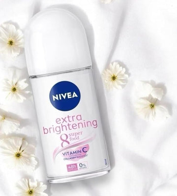 NIVEA Extra Brightening 8 Super Food Vitamin C Collagen Booster Underarm Roll-On Deodorant, Alcohol-Free, 48HR Odor Protection, Smooth & Bright Skin, 50ml, 1.69oz, Pack of 2