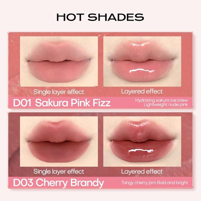 Mistine Lip Gloss Double Headed Lip Glaze Color Holding Lip Jelly Hydrating Gloss Moisturizing Balms Sheer Tint, Shine Glowy Matte Finish 0.05fl oz+0.05 fl oz D05 CARAMEL WHISKEY