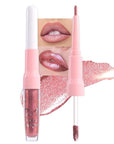 evpct Pine Red Metallic Glitter Lip Liner and Lipstick Combo Lip Gloss Stain Set Makeup for Women Long Lasting Waterproof 24, Warm Pink Metallic Shimmer Frosted Iridescent Shiny Liquid Lipstick 09