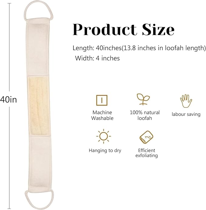 Inmorven Natural Loofah Exfoliating Back Scrubber for Shower Set (40 inch), Loofah for Men Women Sponge Pads & Body Sponge Scrubber, Deep Clean & Invigorate Your Skin, Beige