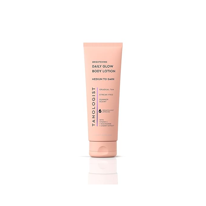 Tanologist Brightening Daily Glow Body Lotion- Medium/Dark, Gradual Tanning Lotion, No Fake Tan Smell, Streak-Free & Natural Looking Self Tanner, Vegan, 8.45 fl. oz/250 ml Tube