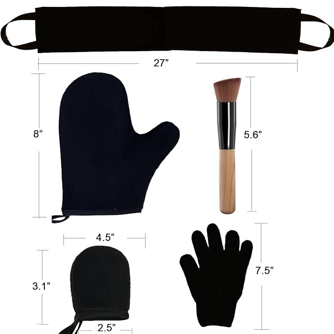 5 Piece Self Tanning Mitt Set with Tan Glove, Back Lotion Applicator, Face Mitt, Exfoliating Glove (Black)