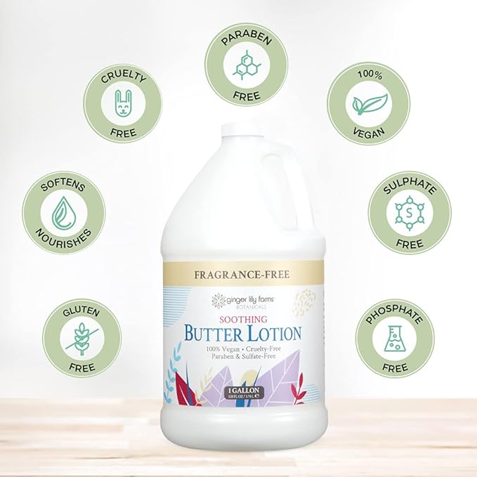 Ginger Lily Farms Botanicals Soothing Butter Lotion for Dry, Sensitive Skin, 100% Vegan & Cruelty-Free, Fragrance Free, 1 Gallon Refill (Pack of 4)
