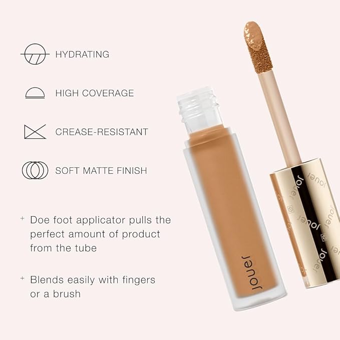 Jouer Essential High Coverage Liquid Concealer - Brightening Concealer - Color Corrector for Under Eye Dark Circles, Spot Coverage, and Eye Primer - Soft Matte Finish, Cappuccino