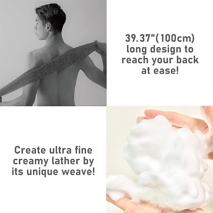 Extra Rough, Exfoliating Washcloth [Made in Japan] Exfoliating Towel Special Texture Makes Fluffy Foam Lather, Back Scrubber, Dead Skin Cell Remover [Loofah for Women and Men] (Black)
