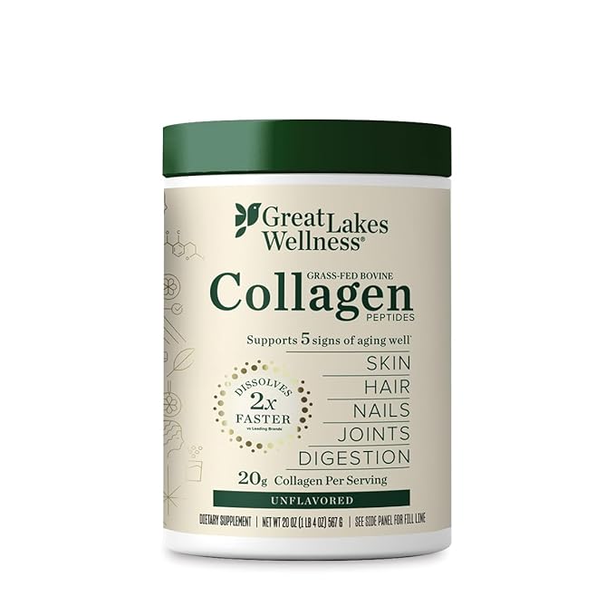 Great Lakes Wellness Collagen Peptides Powder for Skin, Hair, Nails, Joints & Digestion - Unflavored - Quick Dissolve Hydrolyzed, Non-GMO, Keto, Kosher - 20 oz