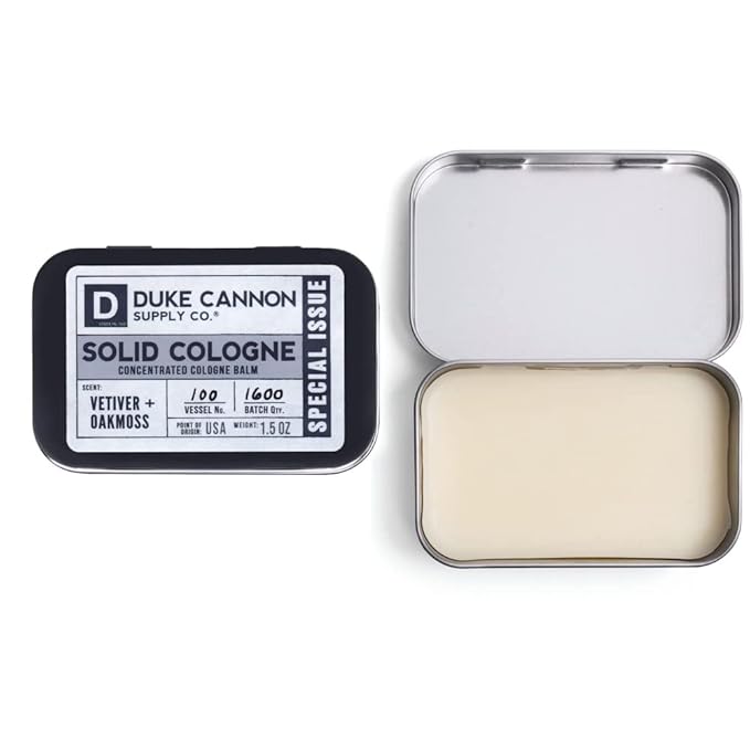 Duke Cannon Supply Co. Solid Cologne for Men Special Issue Vetiver and Oakmoss (Fresh Air, Sandalwood) - Concentrated Balm, Travel-Friendly Tin, 1.5 oz