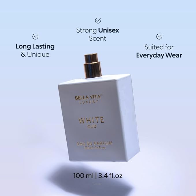 BellaVita Luxury White OUD Unisex Perfume 100Ml | Premium Arabic Men and Women Perfumes | Notes of Artemisia, Musk, Oud Vetiver and Freesias | Exquisite Unisex Arabian Perfume for Women & Men