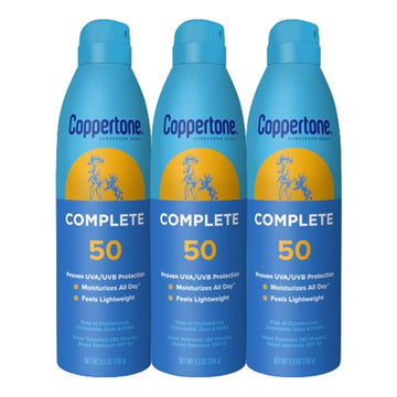 Coppertone Complete Sunscreen Spray SPF 50, Spray Sunscreen for Body, Lightweight, Water Resistant, 5.5 Oz, Pack of 3