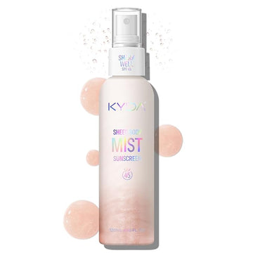 KYDA Sheer Body Sunscreen Mist, SPF 45, Radiant Glow Sunscreen Spray, Infused with Shimmer Body Oil, Ultra-fine Glowing Mist, Quick Drying, Lightweight Hydrating Spray, ROSE, 4.06 fl oz
