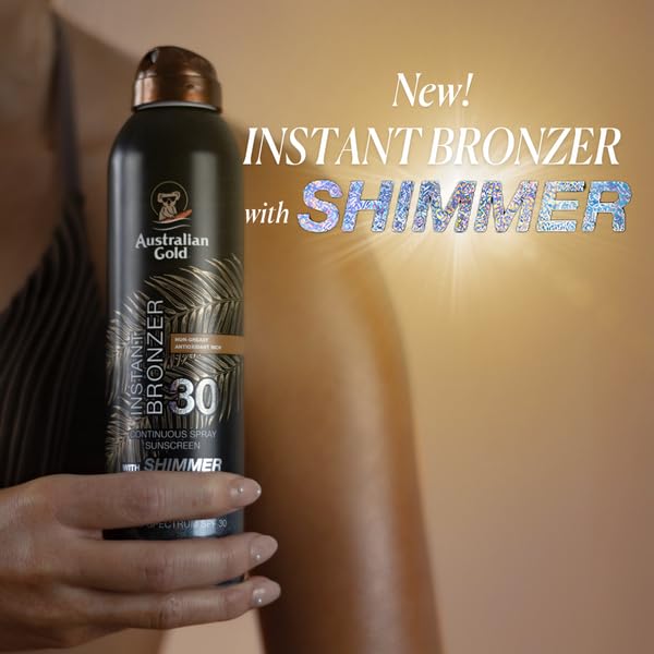 Australian Gold SPF 30 Continuous Sunscreen Spray with Instant Bronzer & Shimmer, 6 oz, Broad Spectrum UVA/UVB Protection, Water Resistant Scented Spray Sunscreen, Cocoa Dreams Fragrance