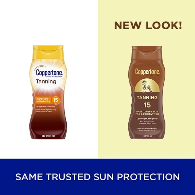Coppertone Tanning Sunscreen Lotion, SPF 15, Broad Spectrum, Water Resistant | Vitamin E Enriched | Free of Harmful Chemicals | 16 Fl Oz | Pack of 2