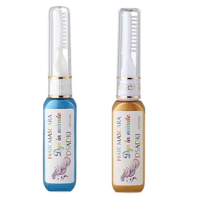 Temporary Hair Color Mascara Washable Hair Dye Stick Non-toxic Instant Hair Chalk Dye for Girls Women (Turquoise Blue+Gold)