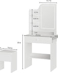 Haewon Small Vanity Desk with LED Mirror and Charging Station, Makeup Vanity Set with Storage Chair, White Compact Dressing Table with Fold-up Panel, Drawer and Shelves for Bedroom