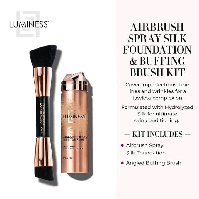 LUMINESS Silk Airbrush Spray Foundation & Buffing Brush Kit – Full Coverage Foundation & Dual-Sided Buffing Brush - Buildable Coverage, Anti-Aging Formula Hydrates & Moisturizes (Shade - Rich Dark)