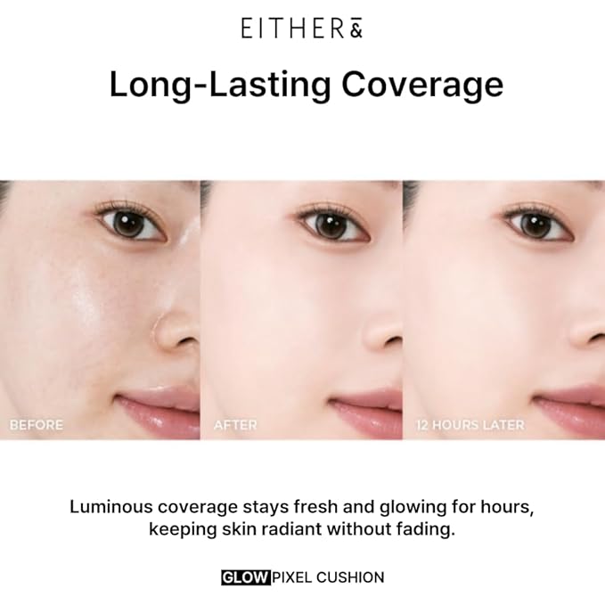 EITHER& Glow Pixel Cushion Foundation, Glowy Skincare, Korean Makeup, Natural Coverage, Moisturizing, Lightweight, Long Lasting Coverage for Flawless Skin (23N Sand)