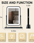 Portable Desk Vanity Mirror with Lights,Black Rechargeable Small Makeup Mirror with Lights,Mini Dorm Mirror,Touch Screen with 3-Color Lighting,Dimmable,for Tabletop,Bedroom,Bathroom