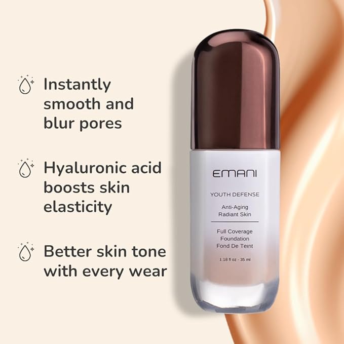 Emani Youth Defense Foundation with Hyaluronic Acid - Anti-Aging, Full Coverage - Protects Face and Brightens Skin Discoloration, Tan