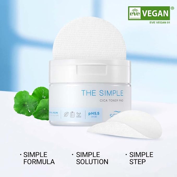 SCINIC The Simple Cica Toner Pad 60 Pcs | Vegan-certified Cotton Fabric | Mild Peeling Without Irritation | Gentle Ph 5.5 PHA Peeing | 100% Vegan | K-beauty