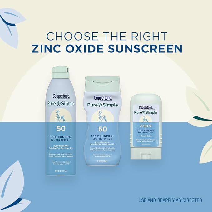 Coppertone Pure and Simple Zinc Oxide Mineral Sunscreen Spray SPF 50, Water Resistant Sunscreen for Sensitive Skin, Hypoallergenic and Fragrance Free, 5 Oz Can, Pack of 3