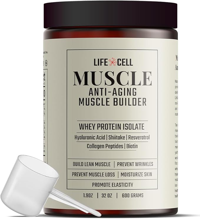 LifeCell Whey Protein – Anti-Aging Muscle Builder with Shiitake Mushroom, Collagen & Hyaluronic Acid – Vanilla, No Sugar Added, Soy-Free, Gluten-Free, 600g (18 Servings)